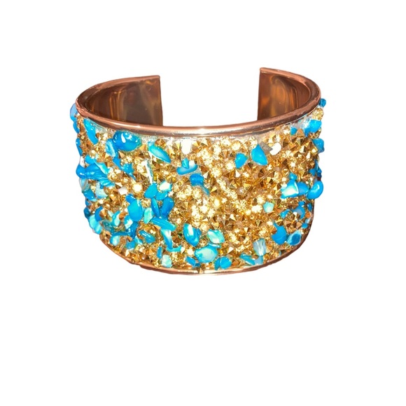 NWT Liv Oliver 18k Gold Plated Turquoise Gold Bead Cuff Bangle - Picture 2 of 3